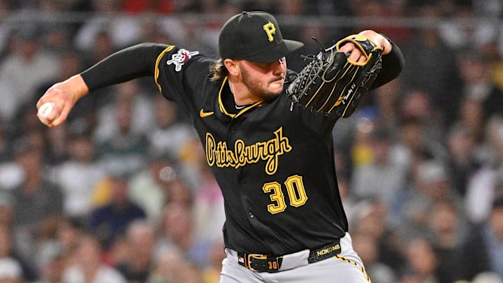 Aug 29, 2025; Boston, Massachusetts, USA; Pittsburgh Pirates starting pitcher Paul Skenes (30) pitches against the Boston Red Sox during the second inning at Fenway Park. Mandatory Credit: Eric Canha-Imagn Images