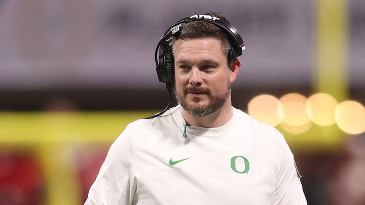 Jan 9, 2026; Atlanta, GA, USA; Oregon Ducks head coach Dan Lanning reacts during the first half of the 2025 Peach Bowl and semifinal game of the College Football Playoff against the Indiana Hoosiers at Mercedes-Benz Stadium. Jan 9, 2026; Atlanta, GA, USA; Oregon Ducks head coach Dan Lanning reacts during the first half of the 2025 Peach Bowl and semifinal game of the College Football Playoff against the Indiana Hoosiers at Mercedes-Benz Stadium.