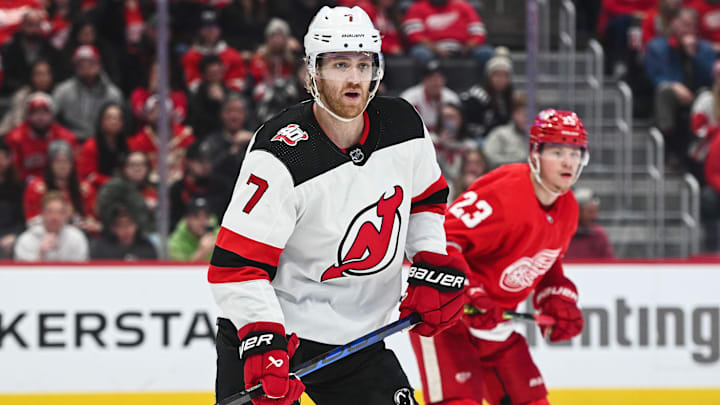 Jan 4, 2023; Detroit, Michigan, USA; New Jersey Devils defenseman Dougie Hamilton (7) during the second period against the Detroit Red Wings at Little Caesars Arena. Mandatory Credit: Tim Fuller-Imagn Images