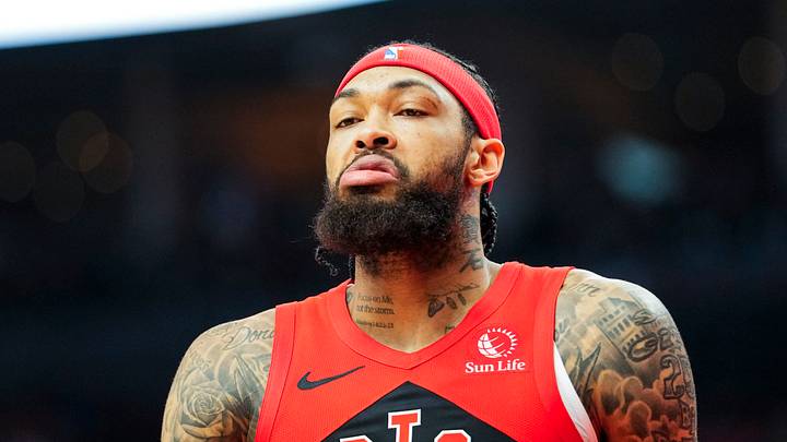 Apr 12, 2026; Toronto, Ontario, CAN; Toronto Raptors Brandon Ingram (3) reacts after a call during the first half against the Brooklyn Nets at Scotiabank Arena. Mandatory Credit: Kevin Sousa-Imagn Images