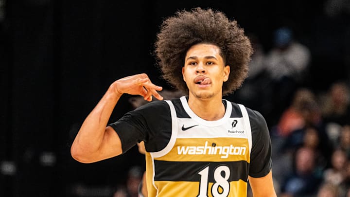 Dec 20, 2025; Memphis, Tennessee, USA; Washington Wizards Forward Kyshawn George (18) celebrates after hitting a three point shot in the third quarter against the Memphis Grizzlies at FedExForum. Mandatory Credit: Matthew Smith-Imagn Images