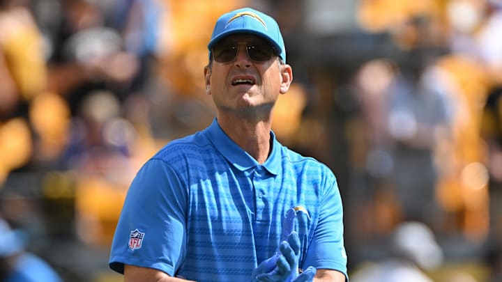 Sep 22, 2024; Pittsburgh, Pennsylvania, USA; Los Angeles Chargers head coach Jim Harbaugh looks on before the game against the Pittsburgh Steelers at Acrisure Stadium. Mandatory Credit: Barry Reeger-Imagn Images