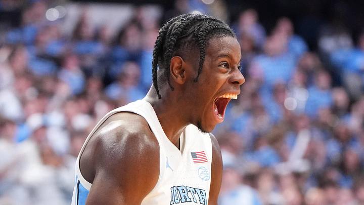 Jan 21, 2026; Chapel Hill, North Carolina, USA; North Carolina Tar Heels forward Caleb Wilson (8) reacts in the second half at Dean E. Smith Center. Mandatory Credit: Bob Donnan-Imagn Images