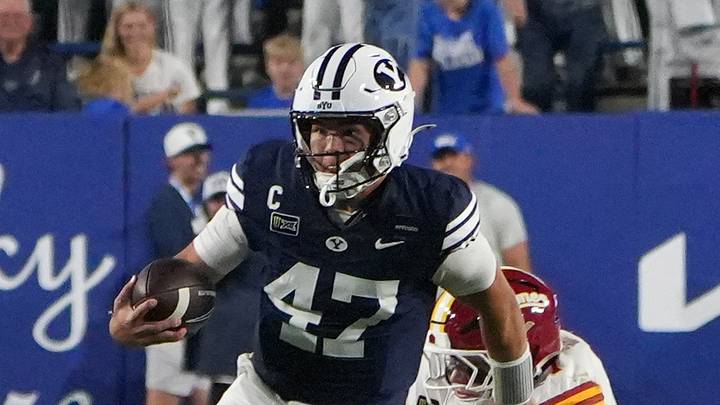 Oct 9, 2026; Provo, Utah, USA; BYU Cougars quarterback Bear Bachmeier (47) runs the ball during the second half against the Iowa State Cyclones at LaVell Edwards Stadium. Mandatory Credit: Aaron Baker-Imagn Images Oct 9, 2026; Provo, Utah, USA; BYU Cougars quarterback Bear Bachmeier (47) runs the ball during the second half against the Iowa State Cyclones at LaVell Edwards Stadium. Mandatory Credit: Aaron Baker-Imagn Images