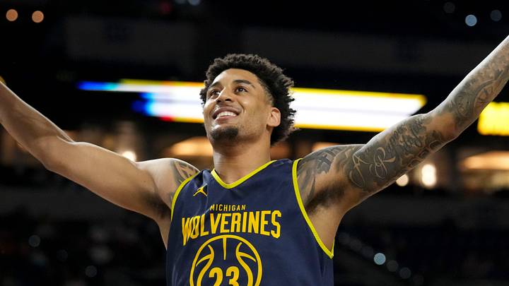 Michigan Wolverines forward Yaxel Lendeborg (23) reacts during practice ahead of a Final Four game on Friday, April 3, 2026, at Lucas Oil Stadium in Indianapolis. Michigan Wolverines forward Yaxel Lendeborg (23) reacts during practice ahead of a Final Four game on Friday, April 3, 2026, at Lucas Oil Stadium in Indianapolis.
