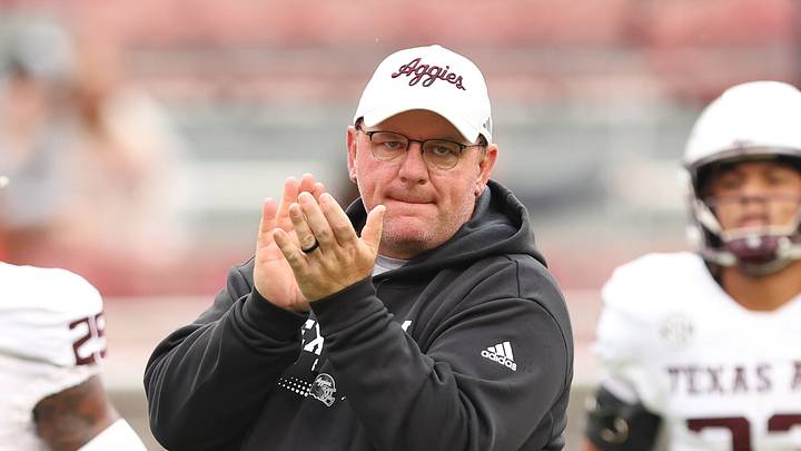 Texas A&M Aggies head coach Mike Elko prior to the game against the Arkansas Razorbacks at Donald W. Reynolds Razorback Stadium. Texas A&M Aggies head coach Mike Elko prior to the game against the Arkansas Razorbacks at Donald W. Reynolds Razorback Stadium.