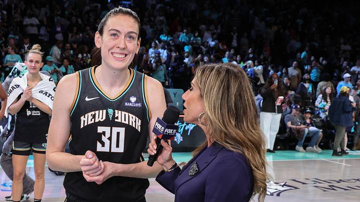 Sep 9, 2025; Brooklyn, New York, USA;  New York Liberty forward Breanna Stewart (30) and sports reporter Tina Cervasio at Barclays Center. Mandatory Credit: Wendell Cruz-Imagn Images