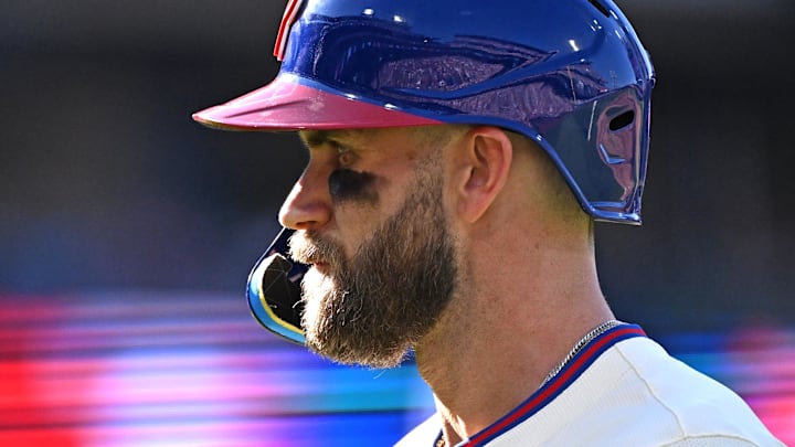 Sep 28, 2025; Philadelphia, Pennsylvania, USA; Philadelphia Phillies first base Bryce Harper (3) during the fourth inning against the Minnesota Twins at Citizens Bank Park. Sep 28, 2025; Philadelphia, Pennsylvania, USA; Philadelphia Phillies first base Bryce Harper (3) during the fourth inning against the Minnesota Twins at Citizens Bank Park.