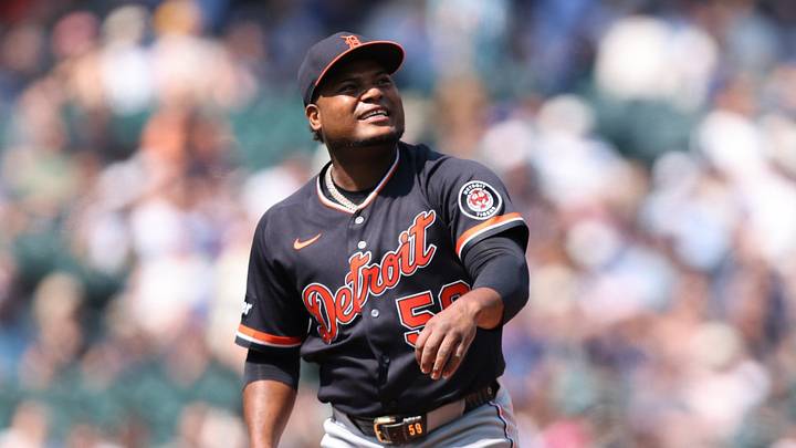 Seattle, Washington, USA; Detroit Tigers starting pitcher Framber Valdez (59) reacts after the third inning against the Seattle Mariners at T-Mobile Park. Mandatory Credit: Kevin Ng-Imagn Images
