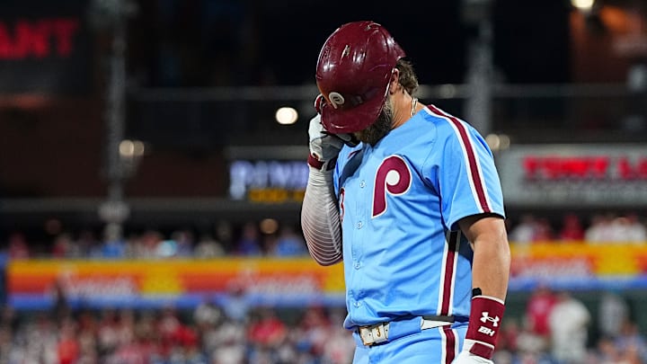 Philadelphia Phillies first baseman Bryce Harper injured himself on the final play of the game on Thursday