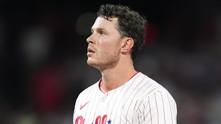 Jun 21, 2025; Philadelphia, Pennsylvania, USA; Philadelphia Phillies outfielder Max Kepler (17) and outfielder Nick Castellanos (8) looks on against the New York Mets in the fifth inning at Citizens Bank Park