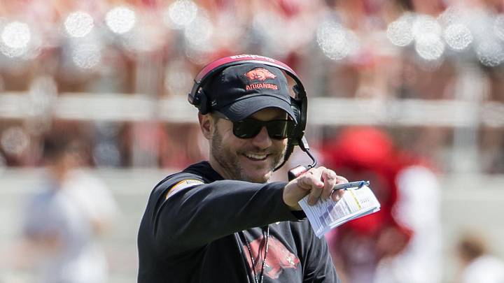 Arkansas Razorbacks coach Ryan Silverfield points during the spring game at Razorback Stadium.