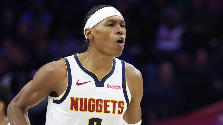 Jan 5, 2026; Philadelphia, Pennsylvania, USA; Denver Nuggets guard Peyton Watson (8) reacts to his score against the Philadelphia 76ers during the first quarter at Xfinity Mobile Arena. Mandatory Credit: Bill Streicher-Imagn Images