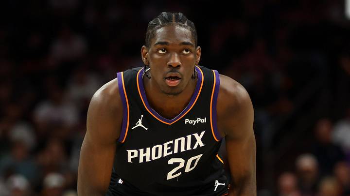 Apr 27, 2026; Phoenix, Arizona, USA; Phoenix Suns forward Rasheer Fleming (20) against the Oklahoma City Thunder during game four of the first round of the 2026 NBA Playoffs at Mortgage Matchup Center. Mandatory Credit: Mark J. Rebilas-Imagn Images
