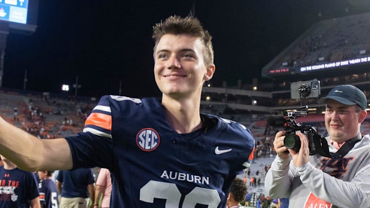 Auburn Tigers kicker Alex McPherson (38) walks off the field after the game as Auburn Tigers take on Ball State Cardinals at Jordan-Hare Stadium in Auburn, Ala. on Saturday, Sept. 6, 2025. Auburn Tigers defeated Ball State Cardinals 42-3.