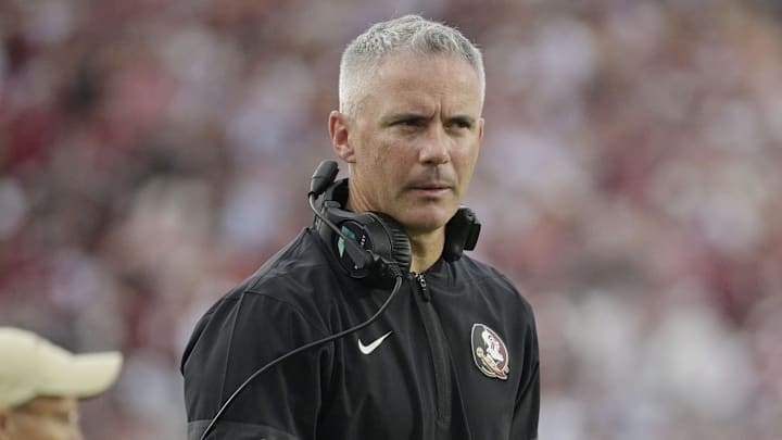 Aug 30, 2025; Tallahassee, Florida, USA; Florida State Seminoles head coach Mike Norvell reacts after a play against the Alabama Crimson Tide during the second half at Doak S. Campbell Stadium. Mandatory Credit: Melina Myers-Imagn Images