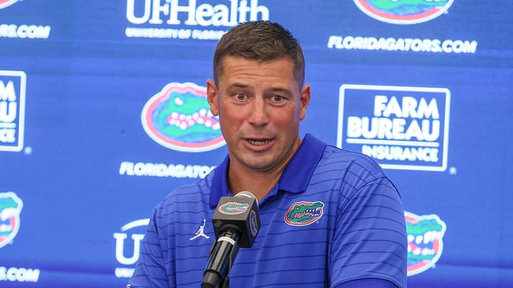 Florida Head Coach Jon Sumrall speaks during Florida Football Fall camp availability at Heavener Football Training Center in Gainesville, FL on Tuesday, August 4, 2026. [Alan Youngblood/Gainesville Sun]