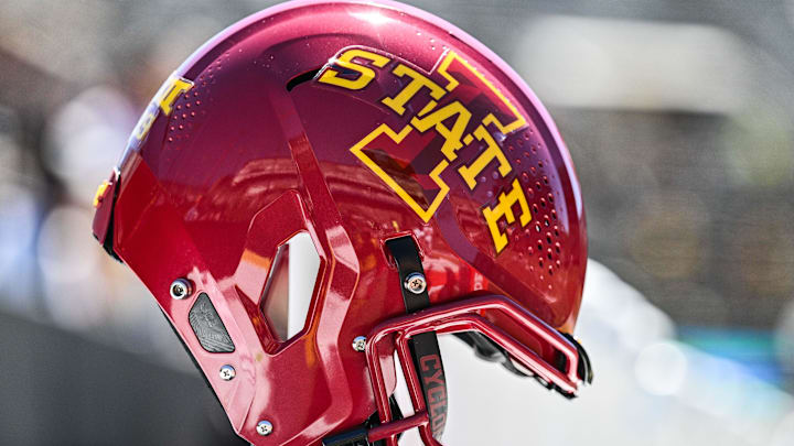 Sep 7, 2024; Iowa City, Iowa, USA; An Iowa State Cyclones helmet sits on the sidelines before the game against the Iowa Hawkeyes at Kinnick Stadium. 