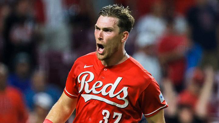 Aug 17, 2026; Cincinnati, Ohio, USA; Cincinnati Reds catcher Tyler Stephenson (37) reacts after scoring on a walk-off RBI double hit by designated hitter Elly De La Cruz (not pictured) in the tenth inning against the St. Louis Cardinals at Great American Ball Park. Mandatory Credit: Katie Stratman-Imagn Images