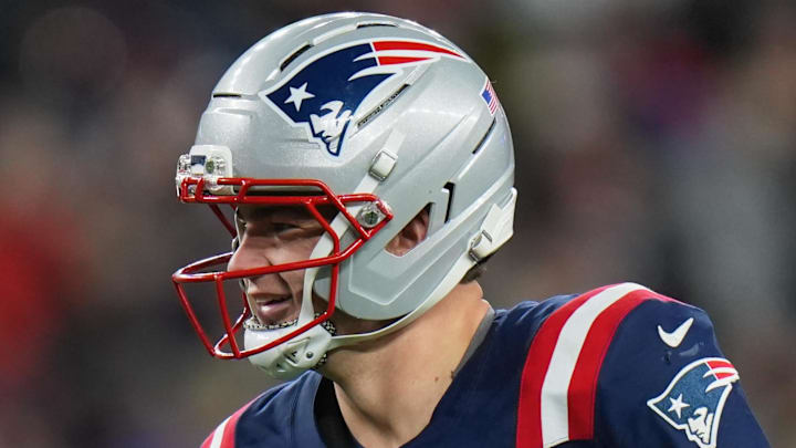 Jan 4, 2026; Foxborough, Massachusetts, USA; New England Patriots quarterback Drake Maye (10) reacts against the Miami Dolphins during the second half at Gillette Stadium. Mandatory Credit: David Butler II-Imagn Images