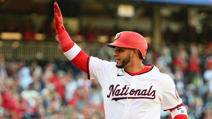 Mar 27, 2025; Washington, District of Columbia, USA; Washington Nationals catcher Keibert Ruiz (20) reacts after hitting a home run during the fifth inning against the Philadelphia Phillies at Nationals Park