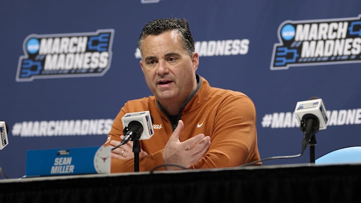 Texas Longhorns head coach Sean Miller answers questions during a press conference before a practice session ahead of the first round of the men's 2026 NCAA Tournament at Moda Center. 