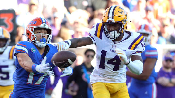 Nov 16, 2024; Gainesville, Florida, USA; LSU Tigers cornerback Zy Alexander (14) defends Florida Gators wide receiver Chimere Dike (17) during the first quarter at Ben Hill Griffin Stadium.