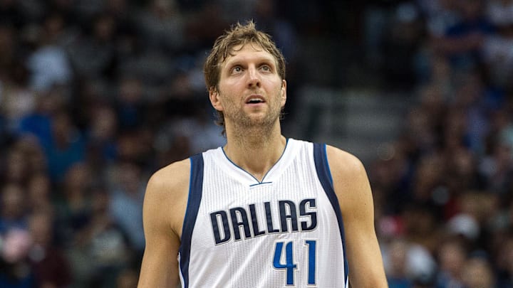 Nov 9, 2014; Dallas, TX, USA; Dallas Mavericks forward Dirk Nowitzki (41) during the game against the Miami Heat at the American Airlines Center. The Heat defeated the Mavericks 105-96. Mandatory Credit: Jerome Miron-Imagn Images