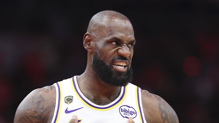 Apr 26, 2026; Houston, Texas, USA; Los Angeles Lakers forward LeBron James (23) walks on the court before the start of the game against the Houston Rockets in game four of the first round of the 2026 NBA Playoffs at Toyota Center. Mandatory Credit: Troy Taormina-Imagn Images