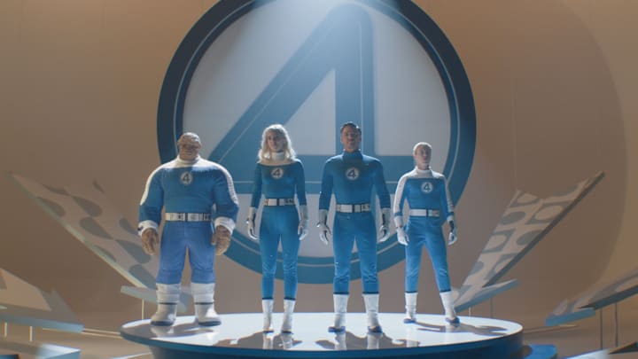 (L-R): Ebon Moss-Bachrach as Ben Grimm/The Thing, Vanessa Kirby as Sue Storm/Invisible Woman, Pedro Pascal as Reed Richards/Mister Fantastic and Joseph Quinn as Johnny Storm/Human Torch in 20th Century Studios/Marvel Studios' THE FANTASTIC FOUR: FIRST STEPS. Photo courtesy of 20th Century Studios/Marvel Studios. © 2025 20th Century Studios / © and ™ 2025 MARVEL.