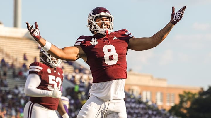 Mississippi State Bulldogs tight end Seydou Traore (8) reacts after a touchdown during the first quarter against the Alcorn State Braves at Davis Wade Stadium at Scott Field. Mississippi State Bulldogs tight end Seydou Traore (8) reacts after a touchdown during the first quarter against the Alcorn State Braves at Davis Wade Stadium at Scott Field.