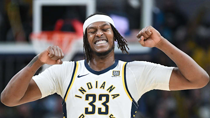 Indiana Pacers center Myles Turner (33) reacts to a play against the Brooklyn Nets at Gainbridge Fieldhouse on March 22, 2025.