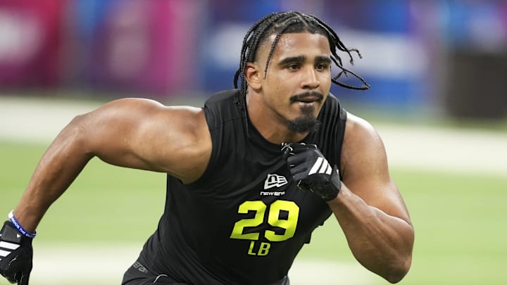 Texas A&M linebacker Taurean York (LB29) during the NFL Scouting Combine at Lucas Oil Stadium.