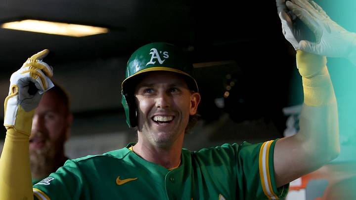 Aug 26, 2026; West Sacramento, California, USA;  Athletics second baseman Jeff McNeil (22) celebrates with teammates after scoring a run against the Minnesota Twins during the sixth inning at Sutter Health Park.  Mandatory Credit: Dennis Lee-Imagn Images
