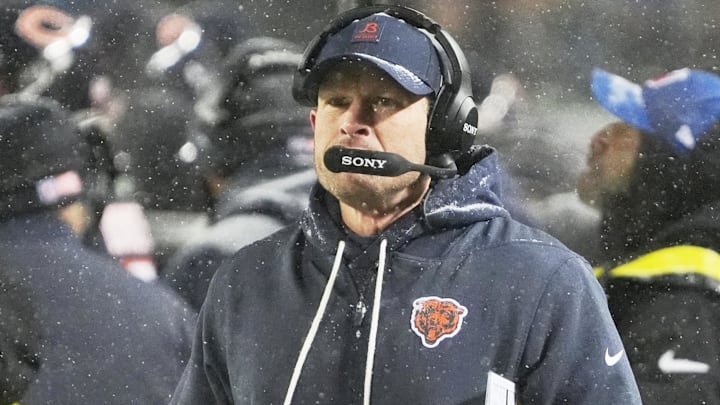Jan 18, 2026; Chicago, IL, USA; Chicago Bears head coach Ben Johnson watches game play against the Los Angeles Rams during the second quarter of an NFC Divisional Round game at Soldier Field.