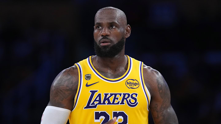 Apr 18, 2026; Los Angeles, California, USA; Los Angeles Lakers forward LeBron James (23) reacts against the Houston Rockets during game one of the first round of the 2026 NBA Playoffs at Crypto.com Arena. Mandatory Credit: Kirby Lee-Imagn Images
