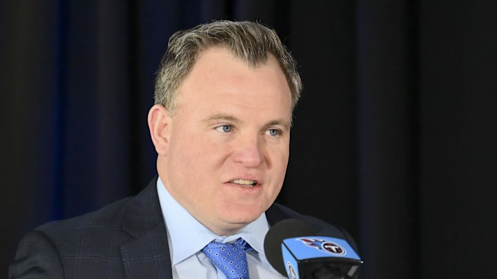 Jan 28, 2026; Nashville, TN, USA;  Tennessee Titans general manager Mike Borgonzi speaks as he introduces the new Tennessee Titans new head coach during the press conference at Ascension Saint Thomas Sports Park. Mandatory Credit: Steve Roberts-Imagn Images