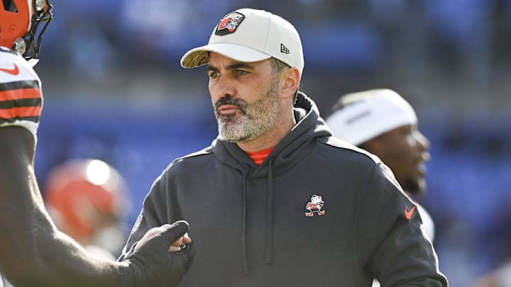 Nov 12, 2023; Baltimore, Maryland, USA; Cleveland Browns head coach Kevin Stefanski speaks with offensive tackle James Hudson III (66) before the game against the Baltimore Ravens  at M&T Bank Stadium. Mandatory Credit: Tommy Gilligan-Imagn Images