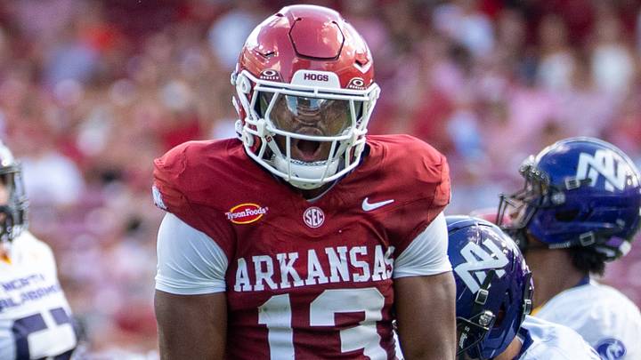 Arkansas Razorbacks defensive back Carter Stoutmire celebrates following a tackle for loss against North Alabama.