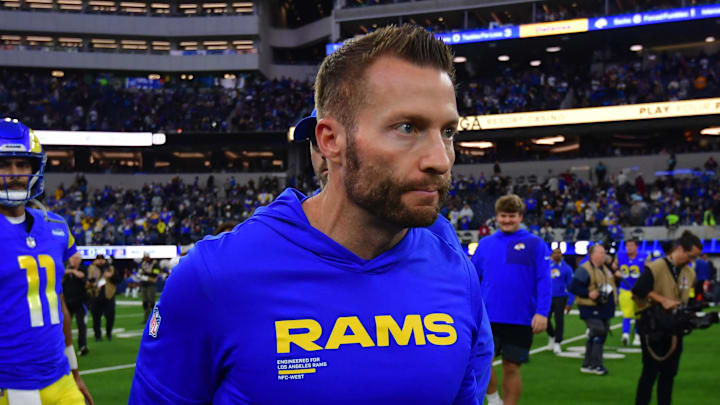 Jan 4, 2026; Inglewood, California, USA;  Los Angeles Rams head coach Sean McVay leaves the field following a game against the Arizona Cardinals at SoFi Stadium. Mandatory Credit: Gary A. Vasquez-Imagn Images