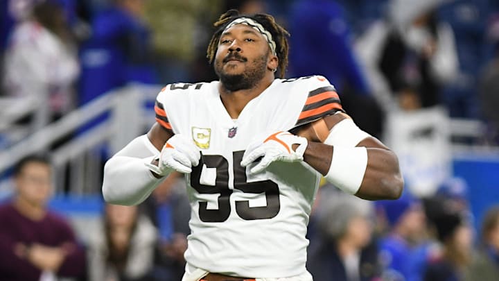 Nov 20, 2022; Detroit, Michigan, USA; Cleveland Browns defensive end Myles Garrett (95) warms up before their game against the Buffalo Bills at Ford Field. Mandatory Credit: Lon Horwedel-Imagn Images