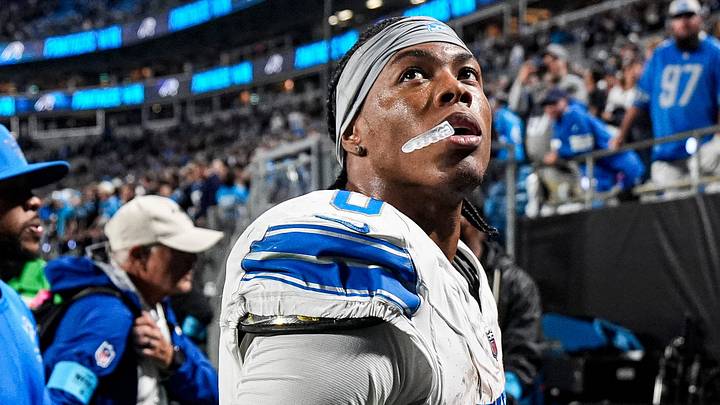Detroit Lions running back Jahmyr Gibbs (0) next to running backs coach Tashard Rice walk off the field after 32-26 loss to Carolina Panthers at Bank of America Stadium in Charlotte on Sunday, Oct. 4, 2026.