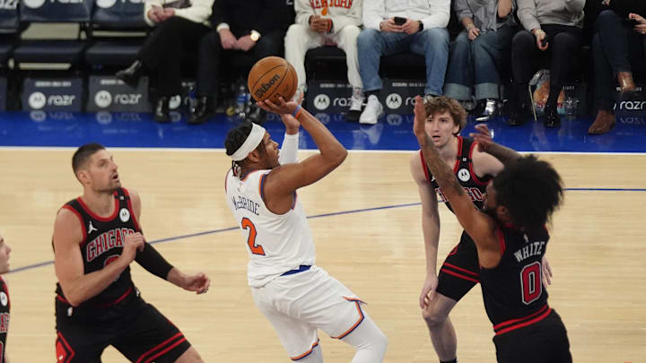 Feb 20, 2025; New York, New York, USA; New York Knicks point guard Miles McBride (2) shoots a jump shot against the Chicago Bulls during the second half at Madison Square Garden. Mandatory Credit: Gregory Fisher-Imagn Images