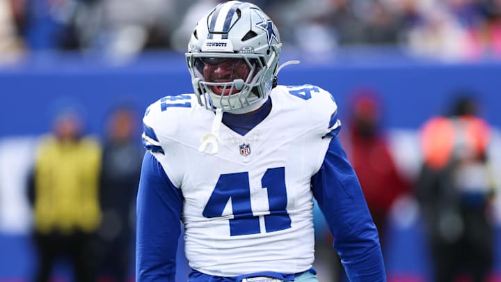 Dallas Cowboys defensive end Donovan Ezeiruaku  celebrates after a play against the New York Giants.