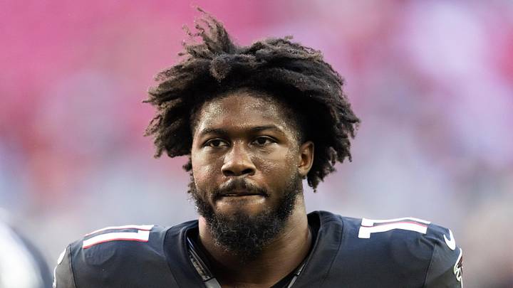 Dec 21, 2025; Glendale, Arizona, USA; Atlanta Falcons linebacker Jalon Walker (11) against the Arizona Cardinals at State Farm Stadium. Mandatory Credit: Mark J. Rebilas-Imagn Images