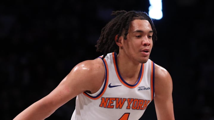 New York Knicks guard Pacome Dadiet during the game against Brooklyn Nets forward Jalen Wilson. New York Knicks guard Pacome Dadiet during the game against Brooklyn Nets forward Jalen Wilson.