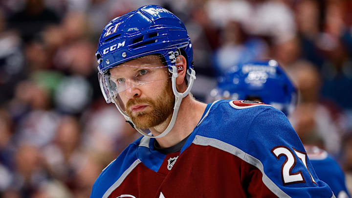 Apr 9, 2026; Denver, Colorado, USA; Colorado Avalanche defenseman Brett Kulak (27) in the third period against the Calgary Flames at Ball Arena. Mandatory Credit: Isaiah J. Downing-Imagn Images