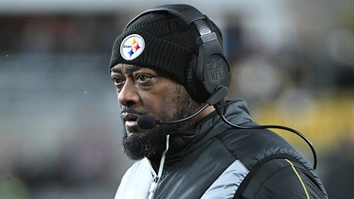 Jan 4, 2025; Pittsburgh, Pennsylvania, USA; Pittsburgh Steelers head coach Mike Tomlin looks on during the second quarter against the Cincinnati Bengals at Acrisure Stadium. Mandatory Credit: Barry Reeger-Imagn Images