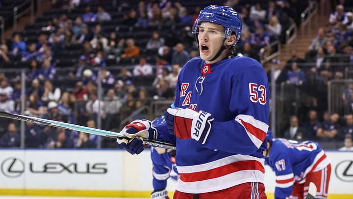 Sep 22, 2026; New York, New York, USA;  New York Rangers forward Cole Beaudoin (53) prepares for a faceoff in the first period against the New York Islanders at Madison Square Garden.  Mandatory Credit: Wendell Cruz-Imagn Images