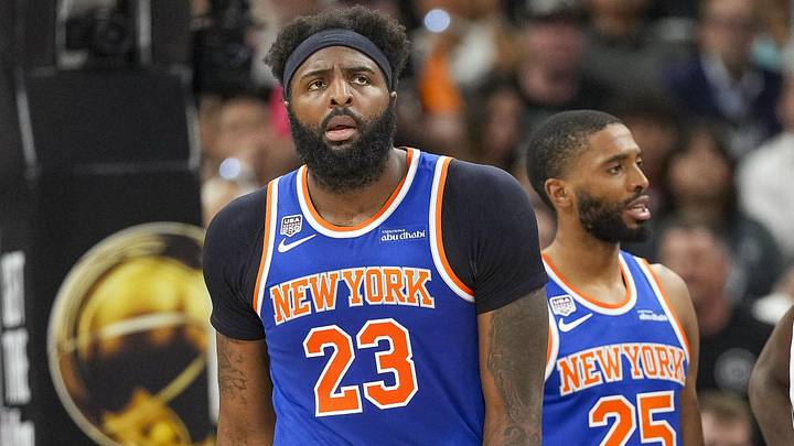 Jun 5, 2026; San Antonio, Texas, USA; New York Knicks center Mitchell Robinson (23) and guard Mikal Bridges (25) look on in the second quarter during game two of the 2026 NBA Finals at Frost Bank Center. Mandatory Credit: Scott Wachter-Imagn Images